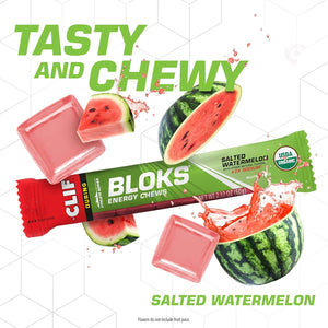 CLIF BLOKS - Salted Watermelon Flavor with 2X Sodium - Energy Chews - Non-Gmo - Plant Based - Fast Fuel for Cycling and Running - Quick Carbohydrates and Electrolytes - 2.12 Oz. (18 Count)