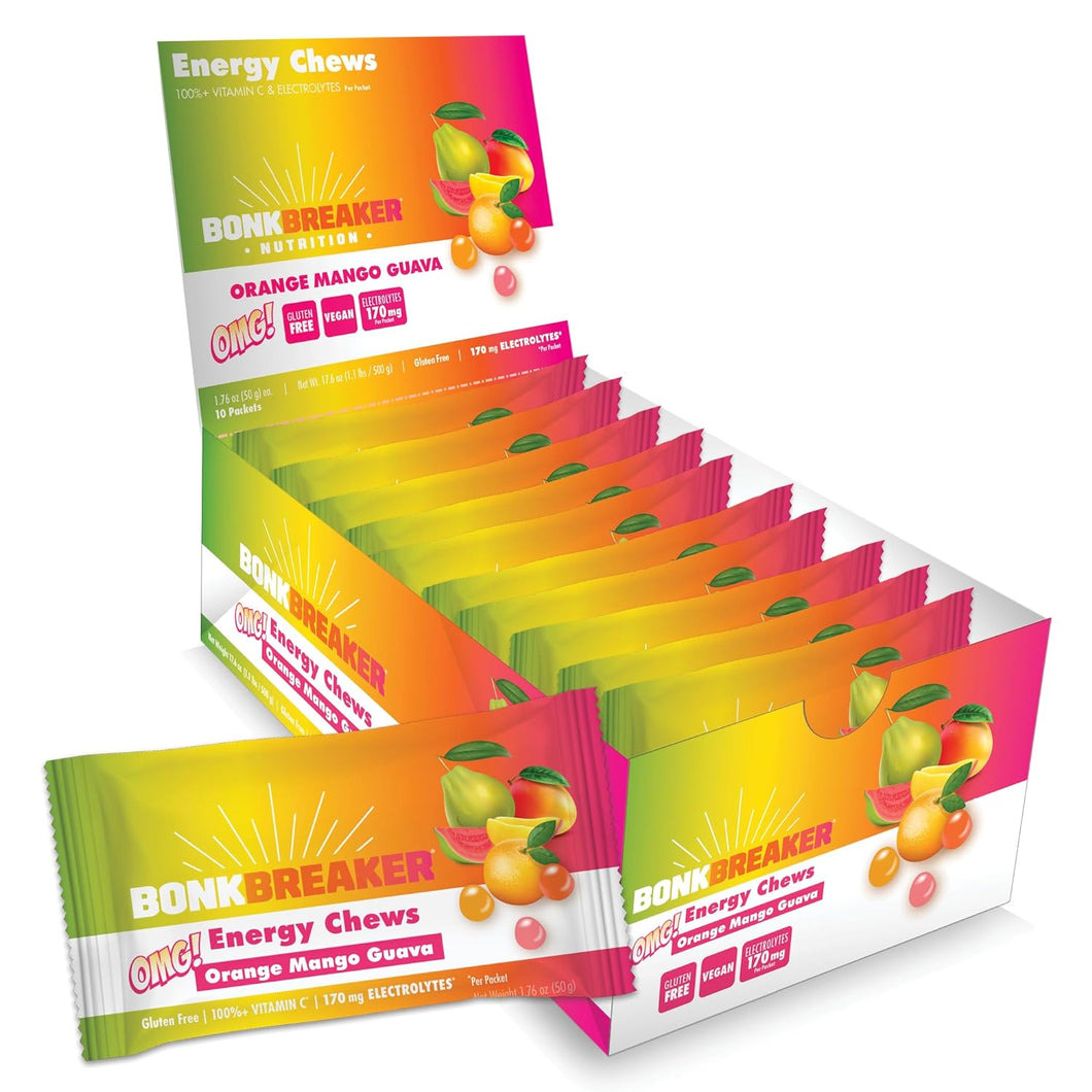 Energy Chews with Electrolytes | 80 Energy Gummies | Energy Chews for Running, Cycling, Endurance | Electrolyte Gummies | Orange Mango Guava Flavor | 10 Packets, 8 Count per Packet