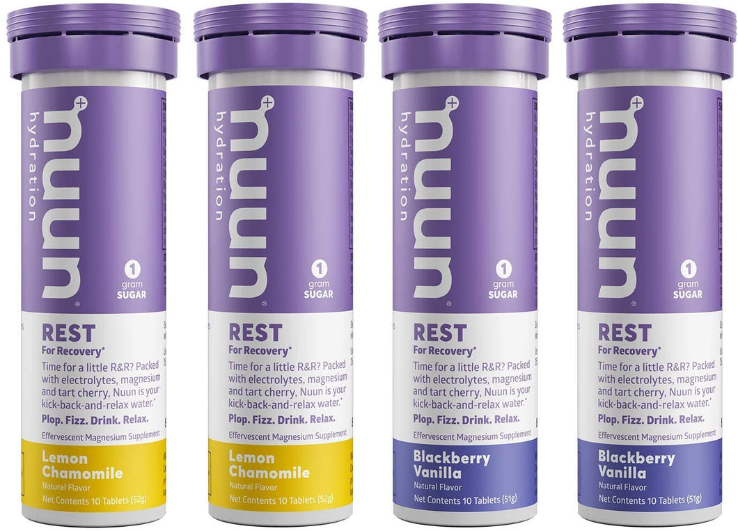 Nuun Rest: Rest and Recovery Drink Tablets, Magnesium Citrate, Tart Cherry, Electrolytes - Lemon Chamomile + Blackberry Vanilla - 4 Tubes (40 Servings)