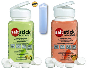 SaltStick FASTCHEWS Variety 2-Pack - 60 Count Bottles of Tart Orange & Zesty Lemon-Lime with free Race Ready Tube