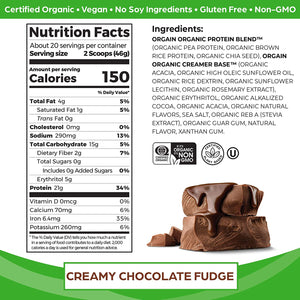 Orgain Organic Vegan Protein Powder, Creamy Chocolate Fudge - 21g of Plant Based Protein, Low Net Carbs, Non Dairy, Gluten Free, No Sugar Added, Soy Free, Kosher, Non-GMO, 2.03 Lb