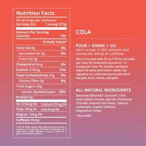 Nutrition Endurance Fuel, Caffeine Drink Mix with Electrolytes, Non-Gmo, Free of Soy, Dairy, and Gluten, Vegan Friendly, Colorado Cola, 50 Servings