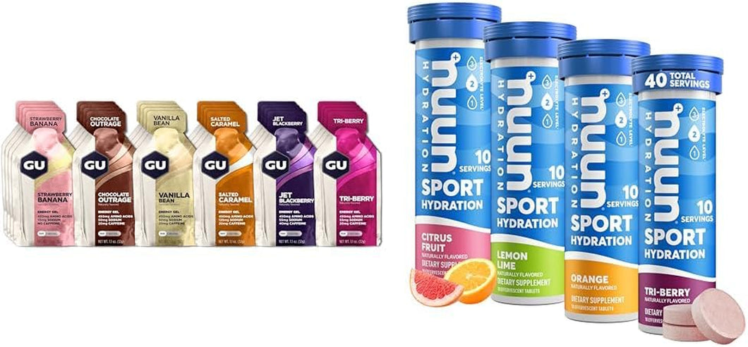 Original Sports Nutrition Energy Gel, 24-Count, Assorted Flavors & Nuun Sport Electrolyte Tablets for Proactive Hydration, Mixed Citrus Berry Flavors, 4 Pack (40 Servings)